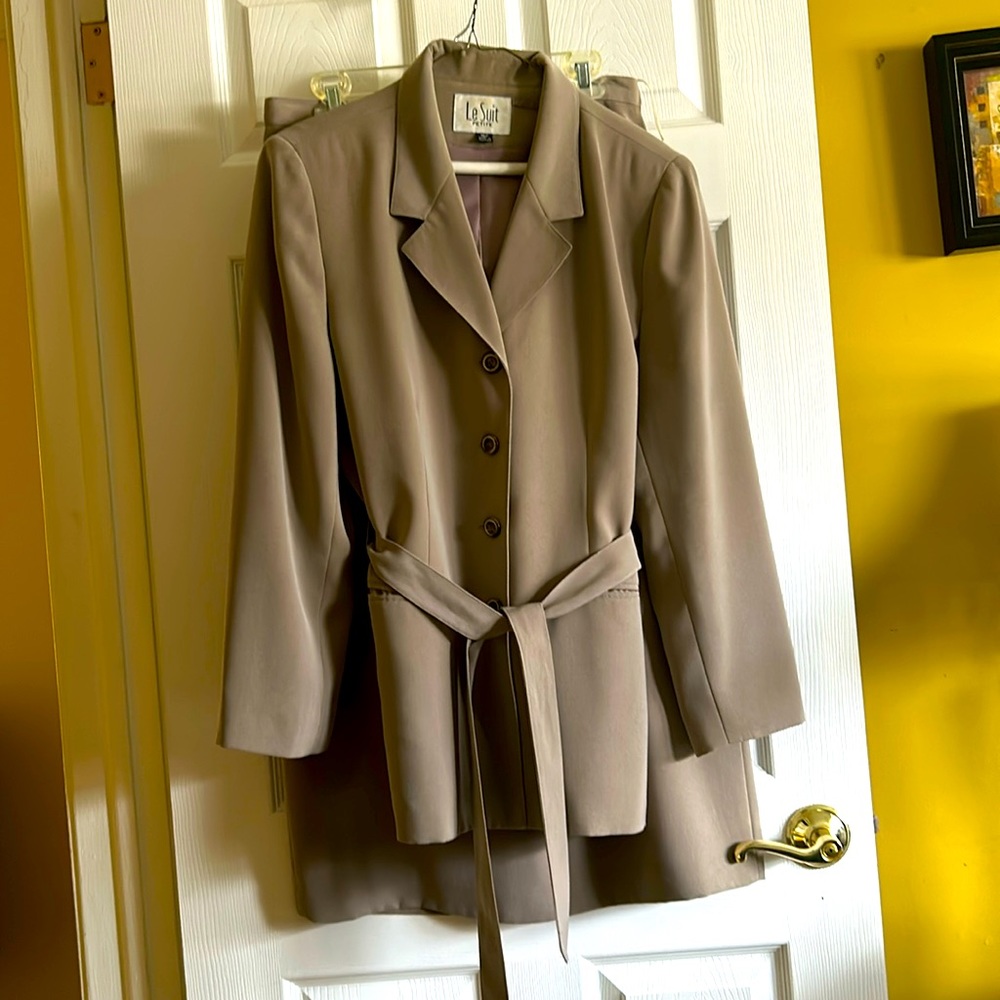 Beige suit with long skirt past knee